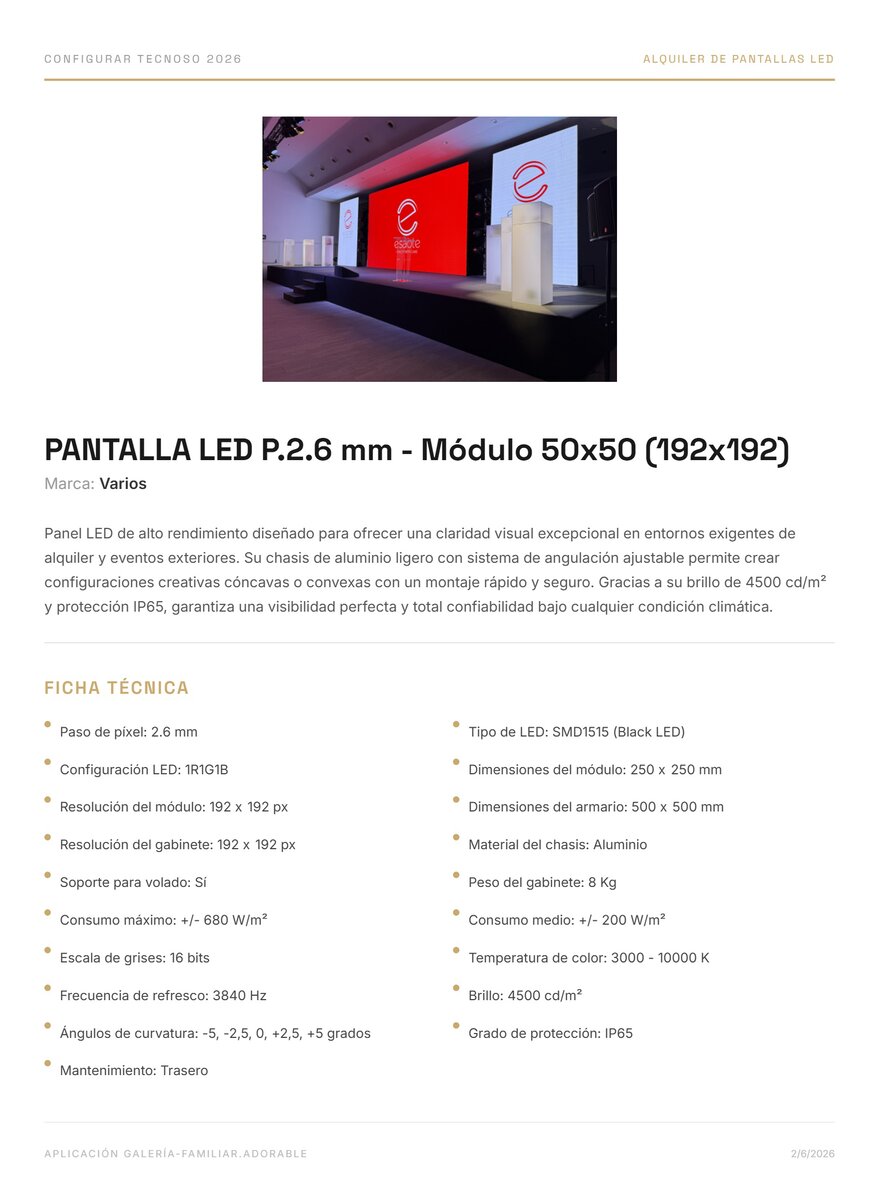 Pantalla LED P2.6 mm - Módulo 50x50 (192x192)